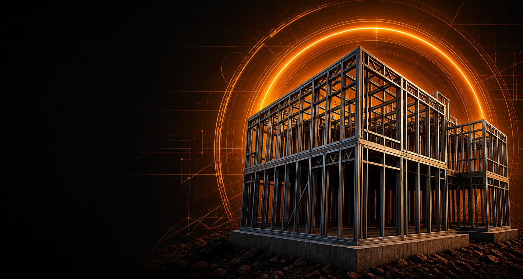 Estrutura metálica de Steel Frame iluminada em laranja